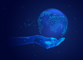 Wall Mural - concept of global network or communication technology, futuristic hand holding wireframe globe