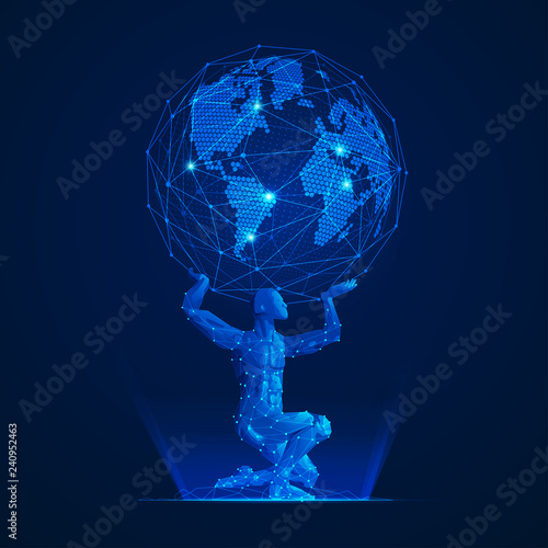Cuadros en Lienzo wireframe polygon man carrying globe in futuristic style, graphic of atlas in mo
