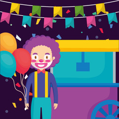 Sticker - circus clown with pop corn cart and balloons