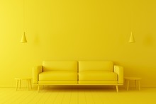 Minimal Concept. Interior Of Living Yellow Tone On Yellow Floor And Background.
