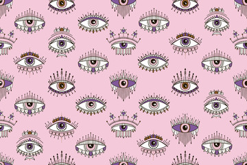 Seamless pattern with eyes magical pattern. Mystical icon hand drawn print. Cartoon style, sign esoteric, inspiration eye.