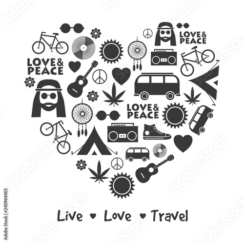 Cuadros en Lienzo set of hippie objects and symbols with lettering