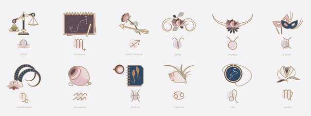 horoscope symbols in feminine style, zodiac signs