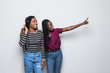 © F8  \ Suport Ukraine - Portrait of two excited african women pointing fingers side isolated over white background