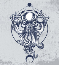 Cthulhu Creature With Skull Head On Grunge Background And Sacred Geometry Ornament. Vector Illustration In Engraving Technique For Posters, T-shirt Prints, Tattoo, Labels And Stickers.