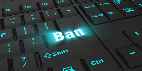 blue glowing Ban key on black computer keyboard, 3d illustration