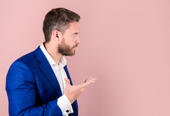 Successful businessman motivational inspiring speech pink background copy space. Businessman motivating colleagues. Man bearded businessman speaking with expressive hand gesture. Explain concept