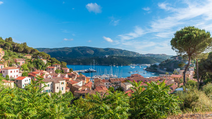 Panoramic view over Harbor and village Porto Azzurro, Elba islands, Tuscany, Italy