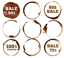 Wall Mural - Coffee labels. Watercolor dirty ring stain logo. Vector illustration set