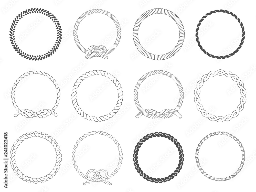 Round rope frame. Circle ropes, rounded border and decorative marine cable frame circles isolated vector set - obrazy, fototapety, plakaty 