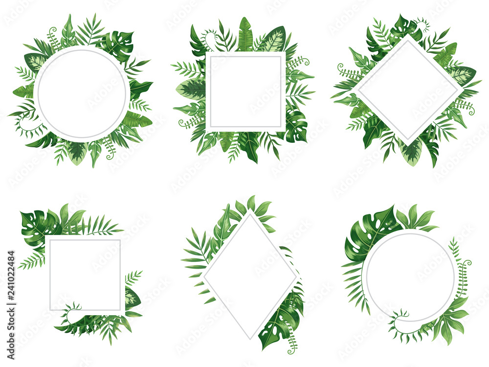 Exotic leaf frame. Spring leaves card, tropical tree frames and vintage floral jungle border isolated vector set - obrazy, fototapety, plakaty 
