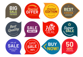 Wall Mural - Sale quality badges. Round hundred percent assured label badge. Sticker vector illustration icons set