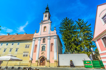 Wall Mural - Church landmark Varazdin town. / Scenic view at cathedral in Varazdin town, Croatia Europe travel places.