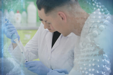 Two young Laboratory scientists working at lab with test tubes a