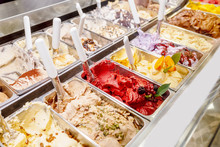 Various Flavors Of Gelato Ice-cream At The Showcase In Dessert Shop