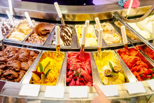 Various Flavors Of Gelato Ice-cream At The Showcase In Dessert Shop