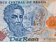 Pedro Alvares Cabral portrait on Brazilian 10 real banknote close up.  Major figure of the Age of Discovery, discoverer of Brazil.