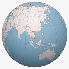 Vietnam on the globe. Earth hemisphere centered at the location of the Socialist Republic of Vietnam. Vietnam map.