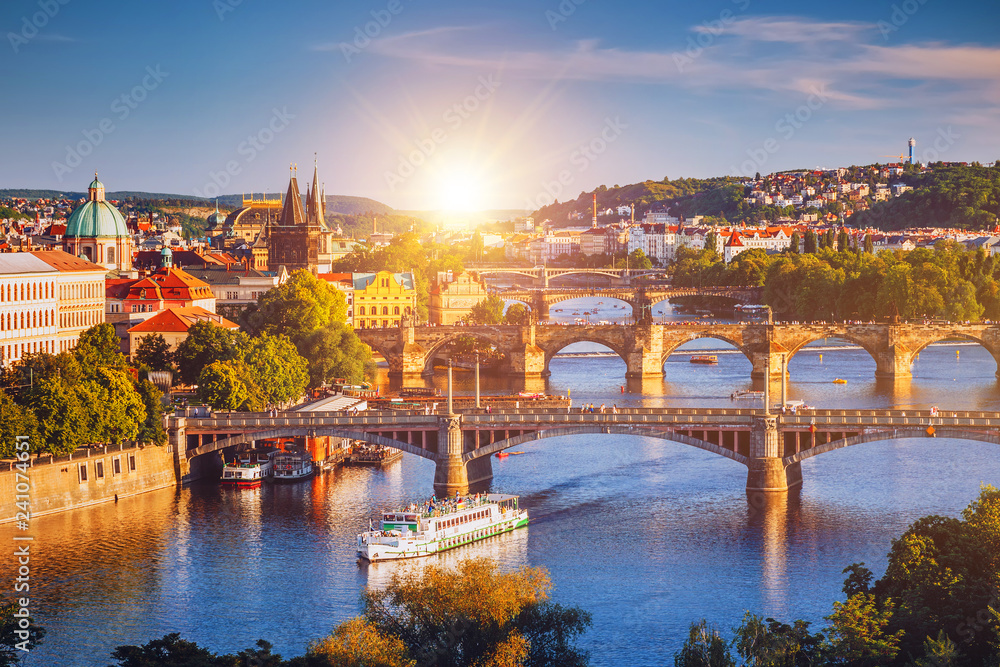 Prague Scenic spring sunset aerial view of the Old Town pier architecture and Charles Bridge over Vltava river in Prague, Czech Republic - obrazy, fototapety, plakaty 