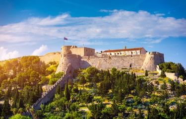 The Fortica fortress (Spanish Fort or Spanjola Fortres) on the Hvar island in Croatia. Ancient fortress on Hvar island over town (citadel), popular touristic attraction of Adriatic coast, Croatia.