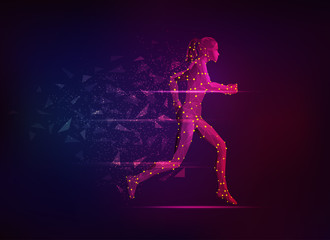 concept of sport science, polygon female athlete running with lighting effect