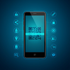 concept of qr code technology, realistic mobile phone with business icons
