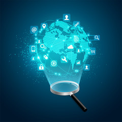 Wall Mural - concept of search engine development, realistic magnifying glass with futuristic globe and digital t