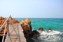 Koh Kham Small Island And Wood Bridge On The Beach With Blue Sky And Clear Water. Koh Kham Pattaya Thailand. 