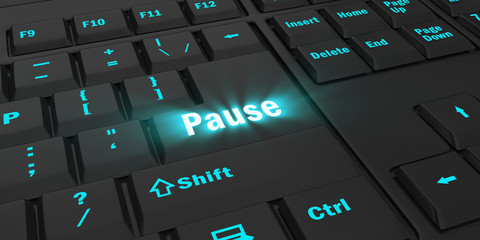 blue glowing Pause key on black computer keyboard, 3d illustration