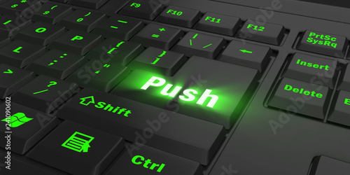 Fotografía green glowing Push key on black computer keyboard, 3d illustration