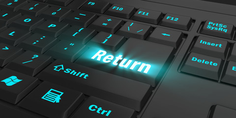 blue glowing return key on black computer keyboard, 3d illustration