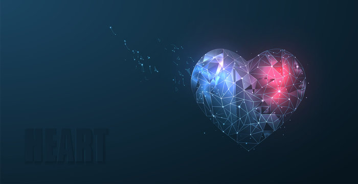 Heart. Abstract polygonal wireframe mesh art with crumbled edge on blue and red night sky with dots, stars and looks like constellation. Valentine day, greeting, health, background