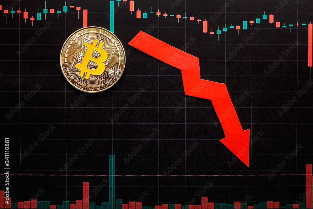 unprofitable investment of depreciation of virtual money bitcoin. Green red arrow, silver bitcoin and dollars go down on forex black paper.  Concept of depreciation of cryptocurrency.