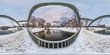 full seamless spherical winter panorama 360 degrees angle view near iron steel frame construction of pedestrian bridge across the river in cite park in equirectangular projection, VR AR content