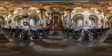 WROCLAW, POLAND - SEPTEMBER, 2018: Full Seamless Spherical Panorama 360 By 180 Degrees Angle View Interior Baroque Catholic Church. 360 Panorama In Equirectangular Projection, AR VR Content