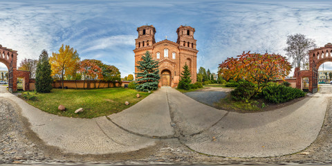 Canvas Print - VITEBSK, BELARUS - OCTOBER 2018: full seamless panorama 360 angle view near red brick catholic church. Spherical 360 panorama  in equirectangular projection. ready for VR AR content