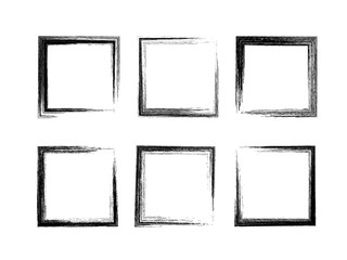 Grunge square frames. Set of 6 different hand drawn rectangle borders. Pencil stroke. Box for picture or text. Social media post layout. Vector illustration.