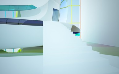 abstract architectural interior with colored smooth glass sculpture. 3D illustration and rendering