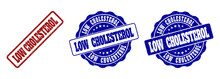 LOW CHOLESTEROL Scratched Stamp Seals In Red And Blue Colors. Vector LOW CHOLESTEROL Labels With Grainy Style. Graphic Elements Are Rounded Rectangles, Rosettes, Circles And Text Tags.