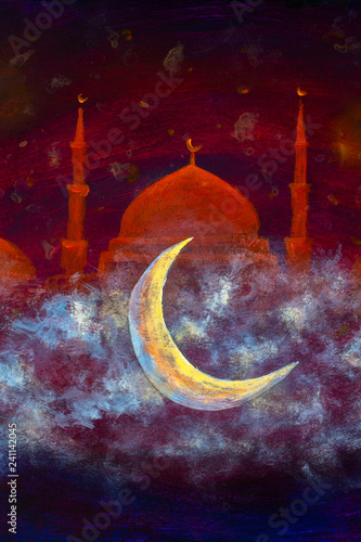 Oil Painting Illustration Of Big Moon Ramadan Kareem Generous