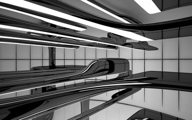 Abstract dynamic interior with white smooth objects and black room . 3D illustration and rendering