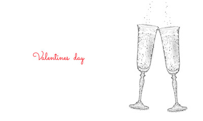 Two glasses of champagne with sparkles. Low poly polygonal white 3D toasting romantic love date. Heart shape tender dating chin-chin couple Valentine day vector illustration