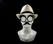 Styrofoam Head With A Straw Male Summer Hat And Glasses With Moustache On Black Background Front View