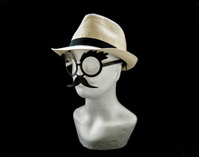 Styrofoam Head With A Straw Male Summer Hat And Glasses With Moustache On Black Background Left Side