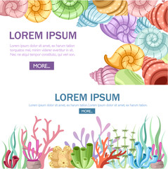 Wall Mural - Colorful coral reef and colored empty shells. Web site page and mobile app design. Marine flora in flat style. Vector illustration on white background