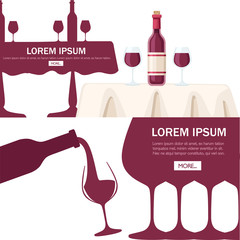 Wall Mural - Abstract logo or illustration. Red wine pouring from bottle to glass. Flat vector illustration on white background. Red wine bottle on white restaurant table. Place for text. Mobile app design