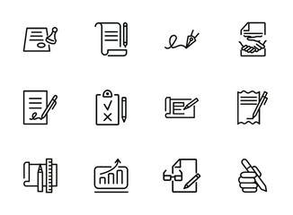 Sticker - Business deals line icon set. Set of line icons on white background. Working concept. Document, office supplies, pen, bill. Vector illustration can be used for topics like job, office