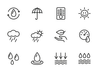 Poster - Forecasting line icon set. Set of line icons on white background. Environment concept. Rain, cloud, sunshine. Vector illustration can be used for topics like nature, environment, season 