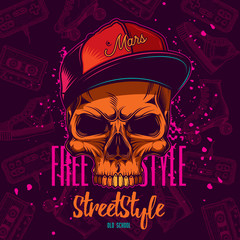 Original vector illustration. Youth skull in a cap in neon style. Sticker or t-shirt design.