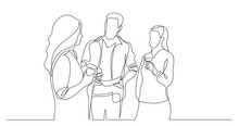 Three Coworkers Chatting Drinking Coffee - One Line Drawing